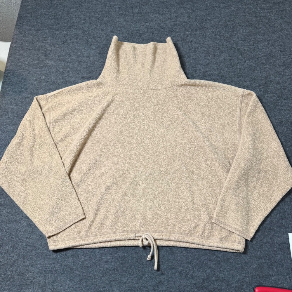 Aerie Women Tan Fleece Mock Neck Drawstring Cropped Oversized Pullover Medium